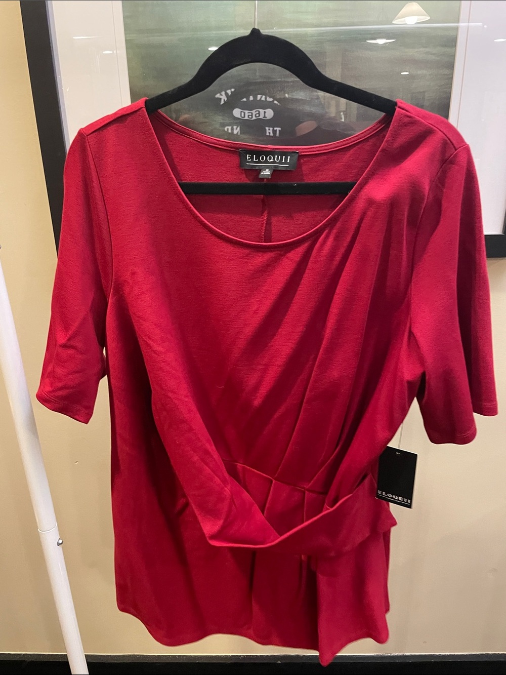 Eloquii 16. Raspberry Red Draped Waist Short Sleeve Top